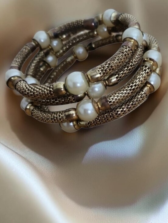 Vintage Jewelry - Vintage 80s Gold Tone Mesh Coil Wrap Bracelet with Faux Pearls